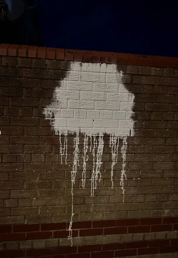 Close-up of white paint on brick wall requiring professional removal
