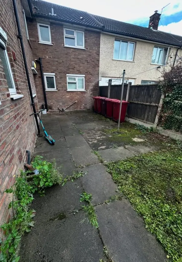 Overgrown dirty paving slab yard covered in weeds and moss before professional cleaning